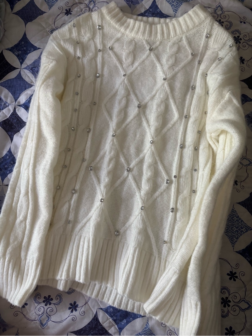 a new day Cream Cable-Knit Sweater with Bead Embellishments